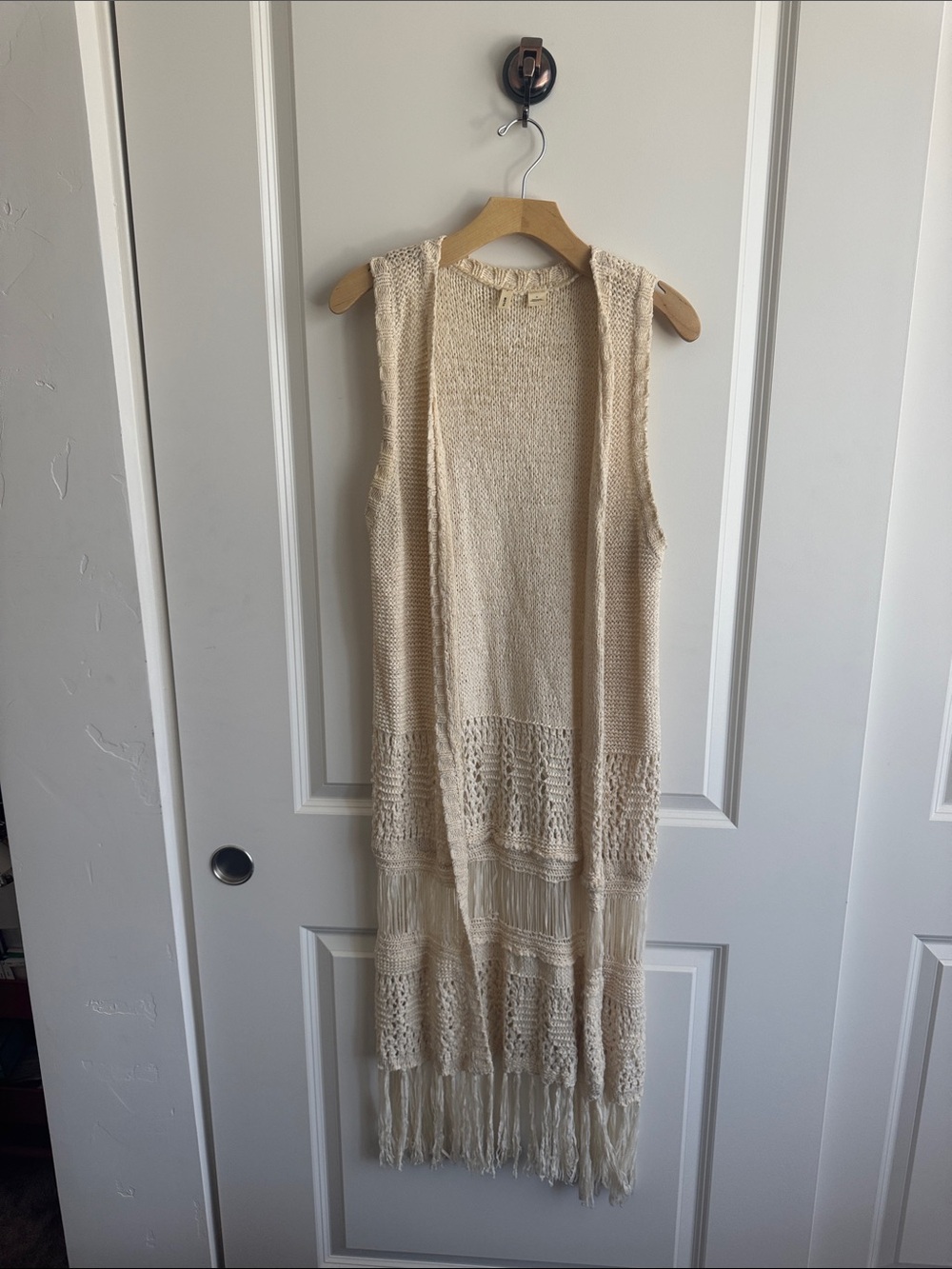 Moth Cream Crochet Fringe Vest